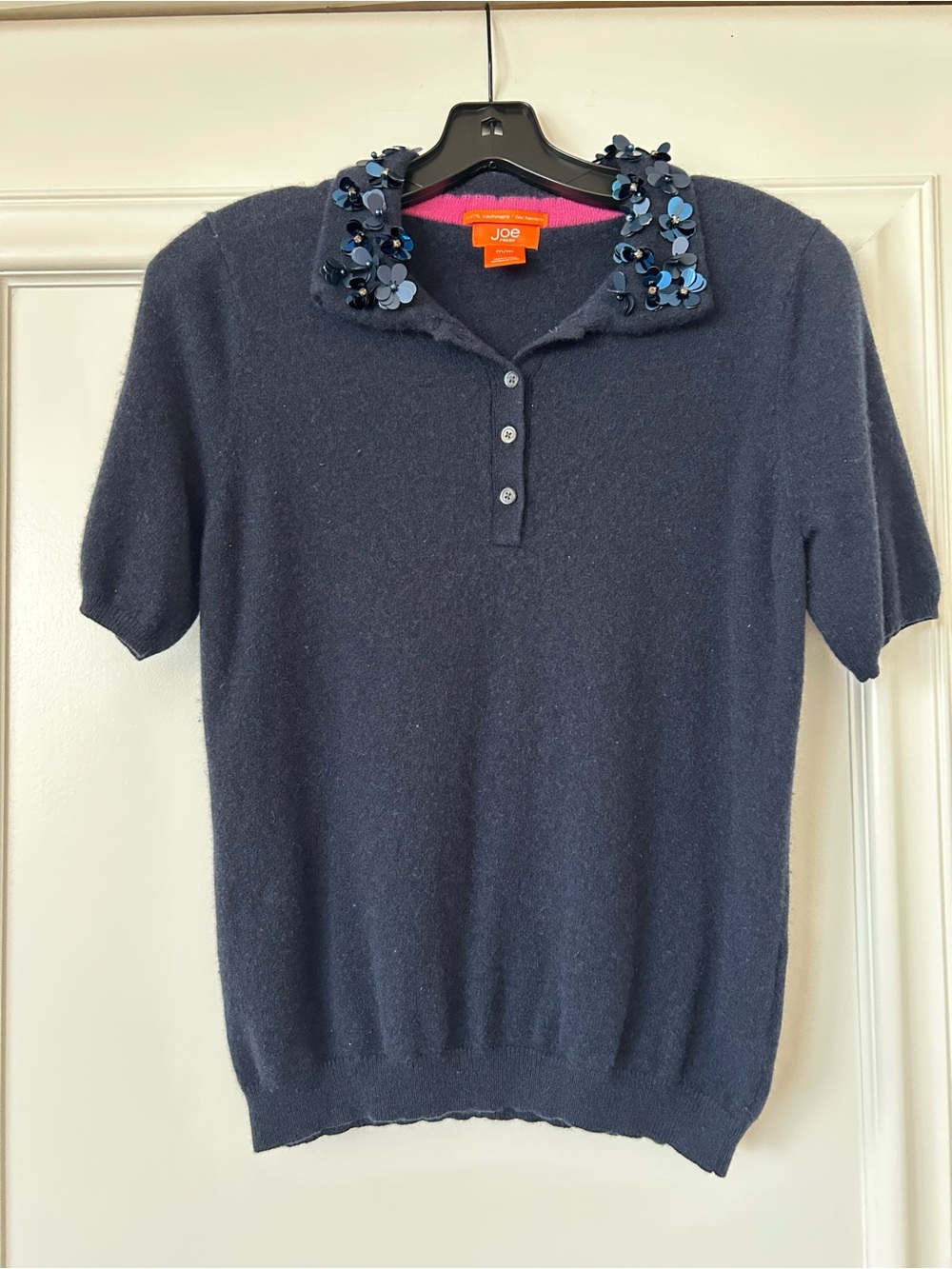 🔵Joe Fresh Navy Short-Sleeve Sweater with Floral-Sequin Collar🔵